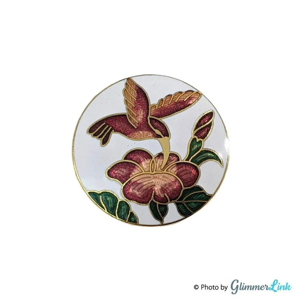Vintage Cloisonné Floral Hummingbird Gold Tone Enamel Brooch